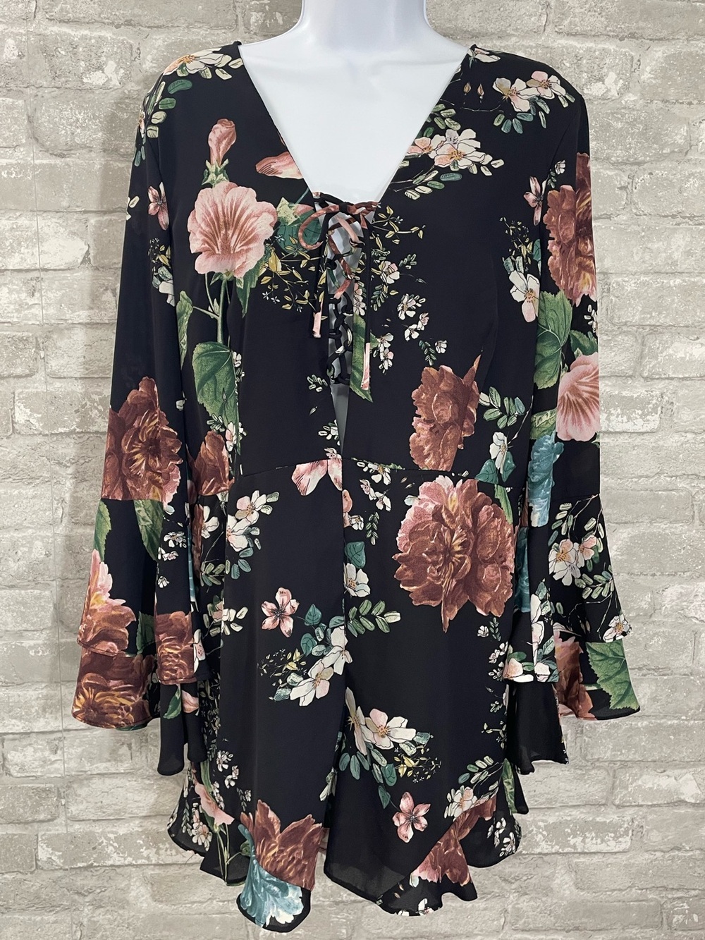 Bardot Amelia floral print chiffon romper with long bell sleeves